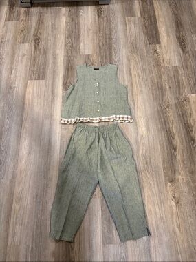Green  Striped/Plaid Two-Piece Linen Pants & Vest Set